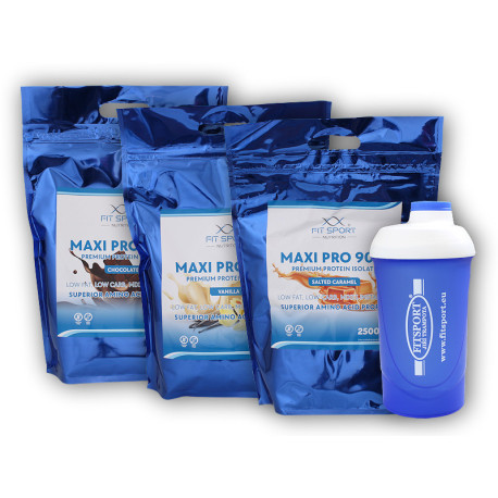 3x Maxi Pro 90% 2500g + Fitsport shaker - kókuszos fehér csokoládé