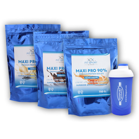 3x Maxi Pro 90% 750g + Fitsport shaker - sós karamell